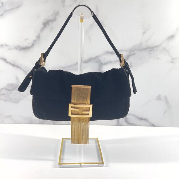 Fendi Black Velvet Gold Tassel Baguette - Picture 14 of 14